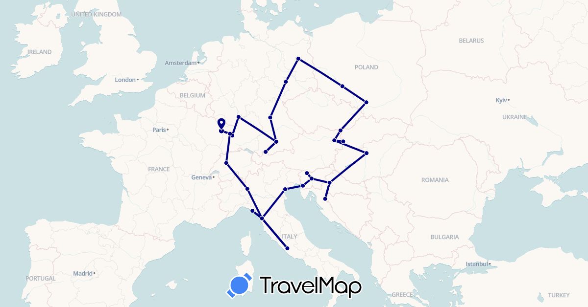 TravelMap itinerary: driving in Austria, Switzerland, Czech Republic, Germany, France, Croatia, Hungary, Italy, Poland, Slovenia, Slovakia (Europe)